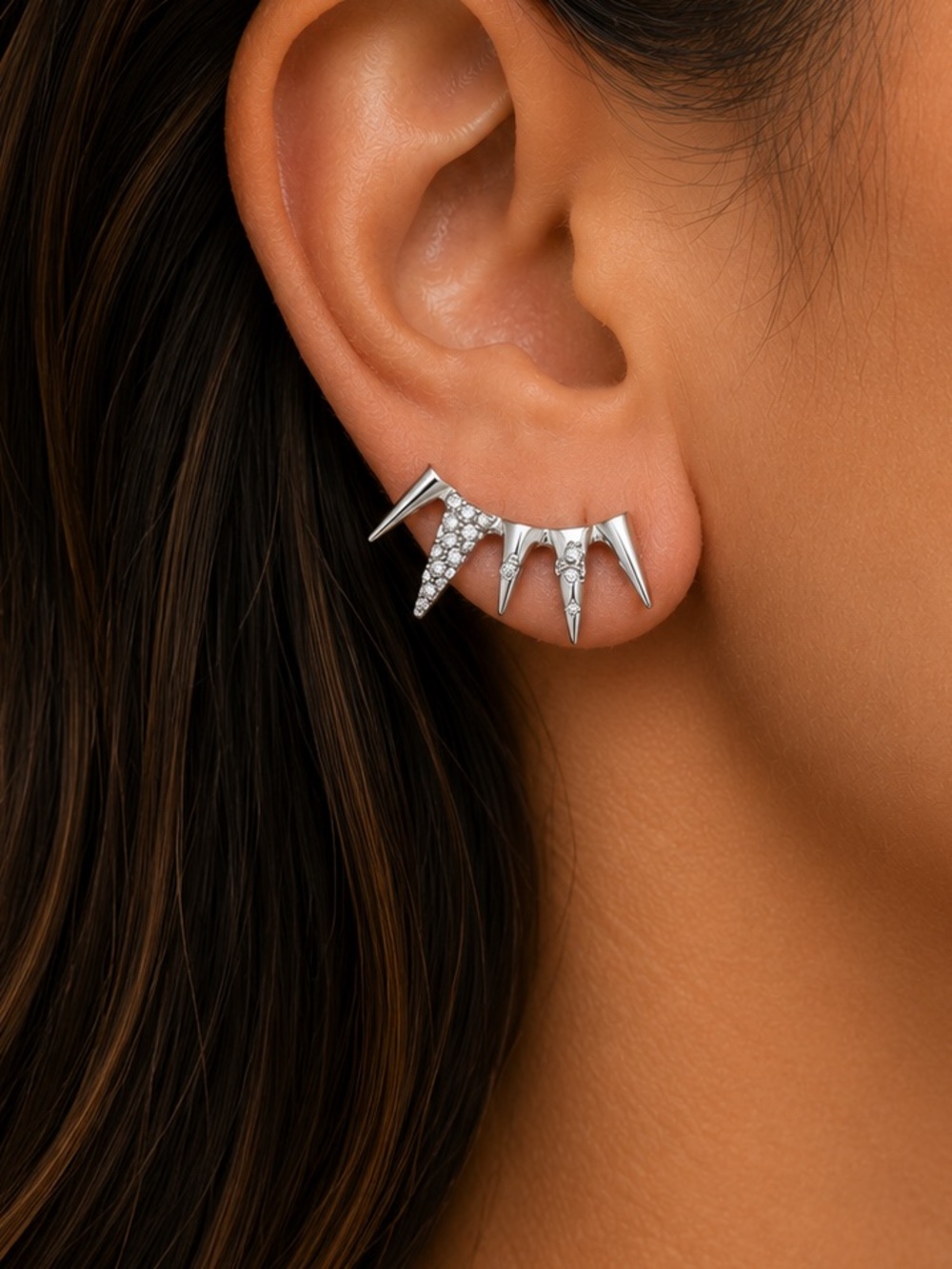 NEW - Dazzling Silver Spike Pave Rhinestone Statement Post Ear Cuffs Climbers